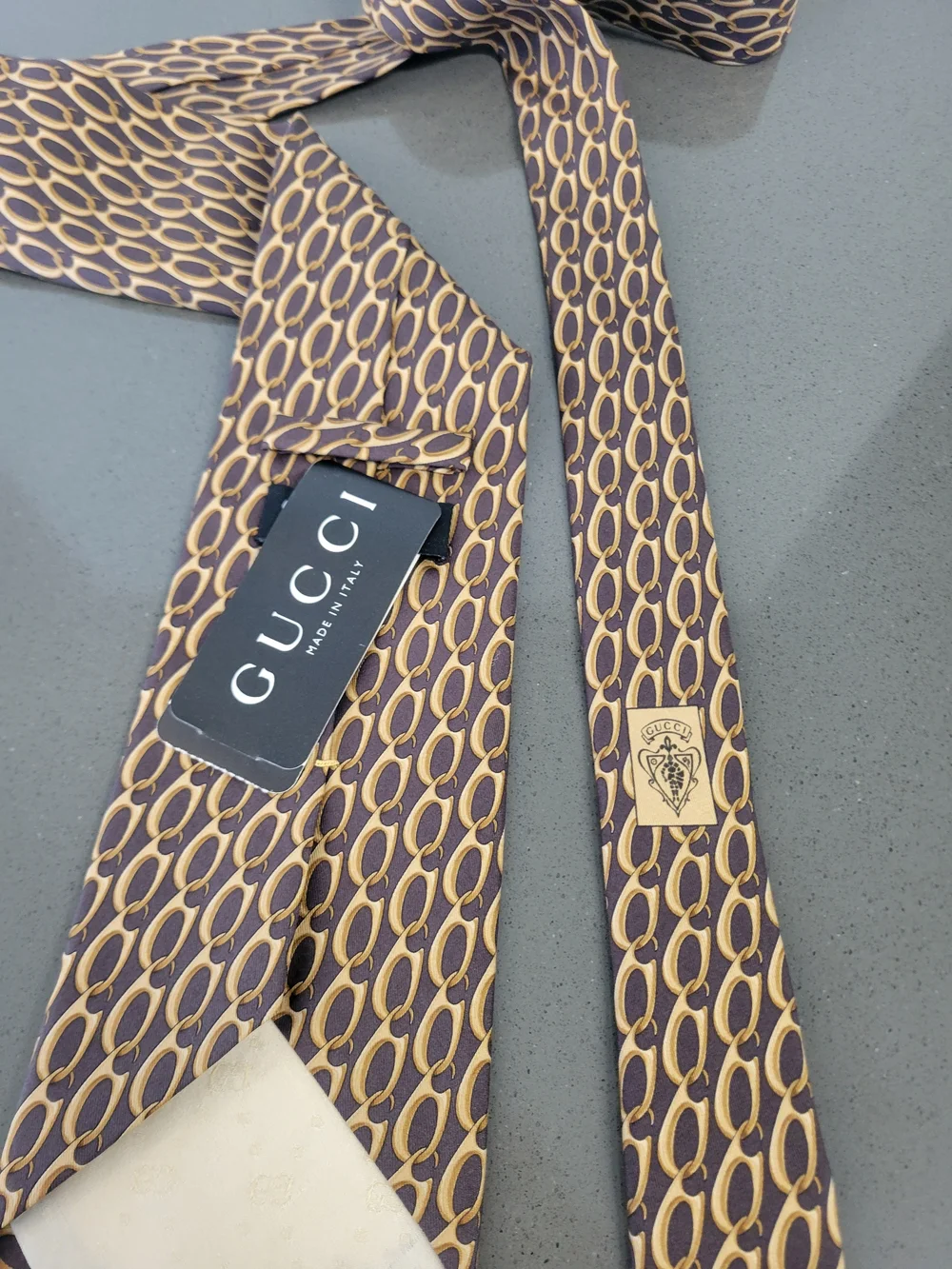 Gucci Brown & Gold Interlock Pattern Silk Tie